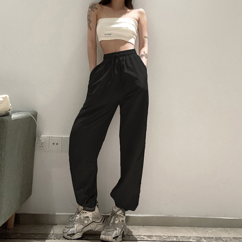 Solid Color Alphabet Embroidery High Waist Lace Up Ankle Banded Sweatpants