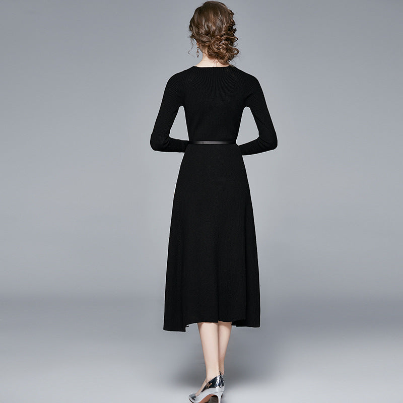 Elegant Knitted Stitching Gradient Color Pleated Slim Waist-Controlled Large Hem Dress