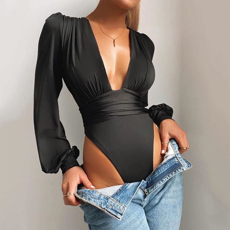 Long Sleeve Deep V Plunge Plunge Fitted Waist Pleated Bodysuit