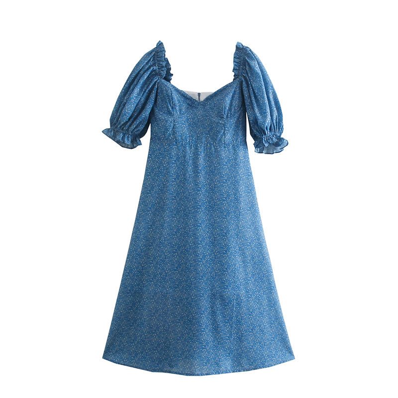 Frühlings-elegantes, blau bedrucktes A-Linien-Kleid mit V-Ausschnitt und Puffärmeln