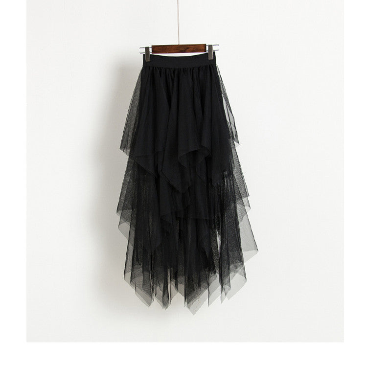 Irregular Asymmetric Bottom Stitching Puffy Mesh Skirt