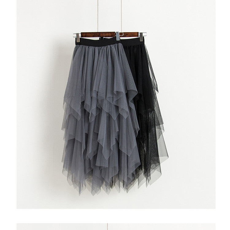 Irregular Asymmetric Bottom Stitching Puffy Mesh Skirt