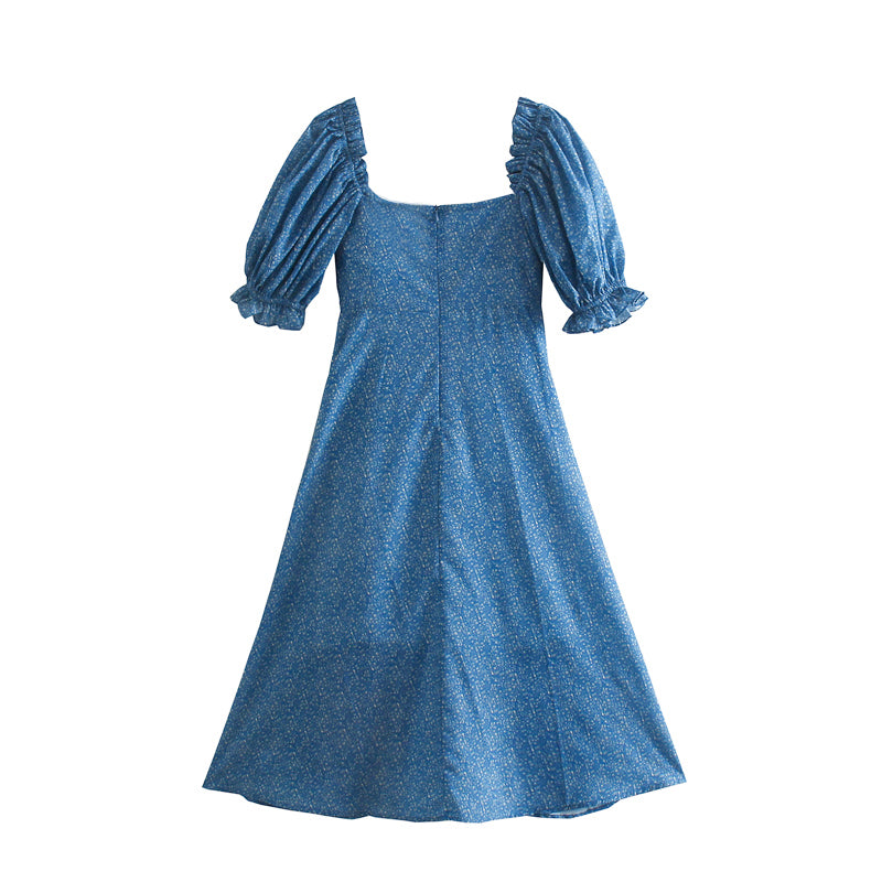 Spring Elegant V-neck Puff Sleeve Blue Printing A-line Dress