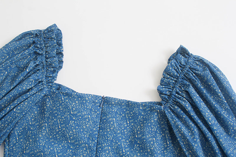 فستان ربيعي أنيق بياقة على شكل حرف V وأكمام منتفخة وطباعة زرقاء على شكل حرف A