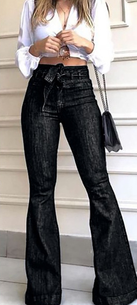Bell-bottom jeans met hoge taille en micro-elastische veters