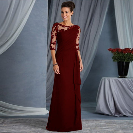 Long Lace See Through Round Neck With Half Sleeve Maxi Dress