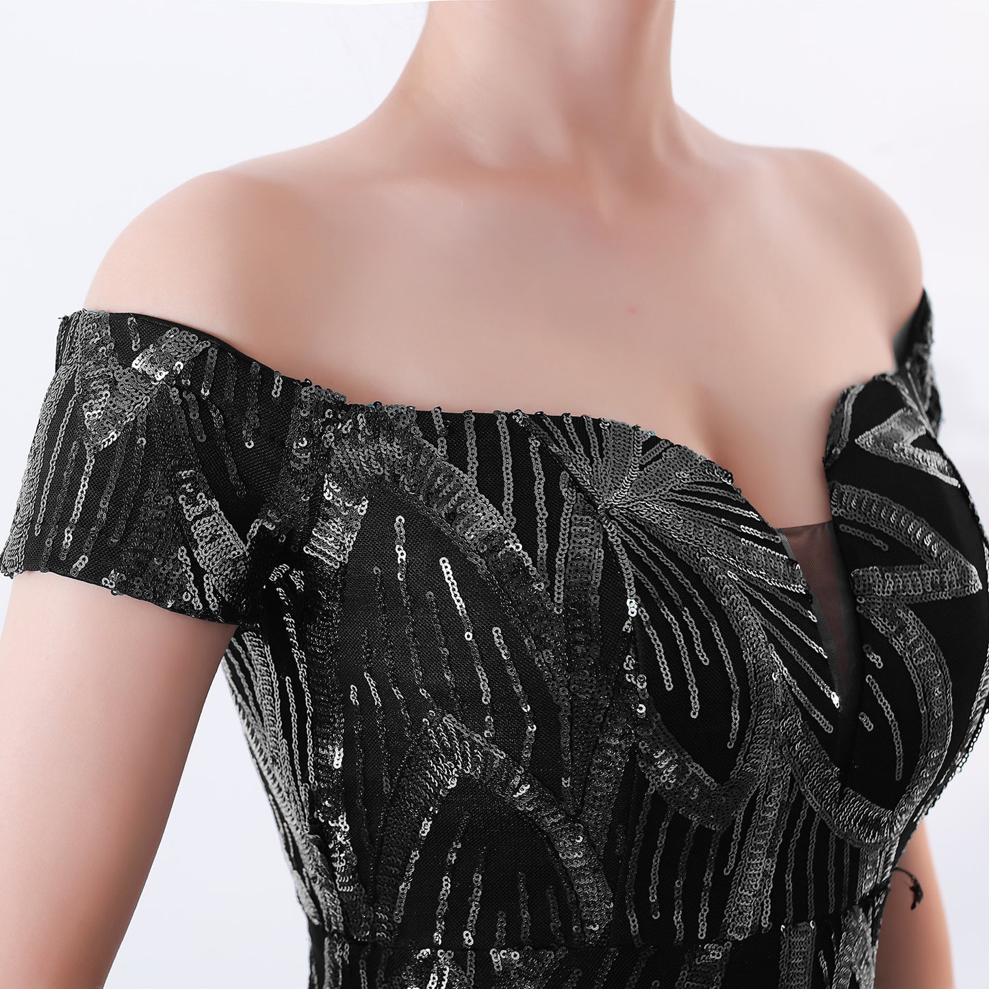 Off the Shoulder Long Fish Tail Sequined Evening Dress