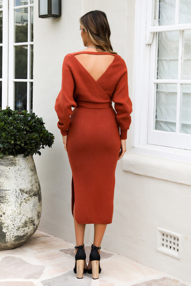 Sexy V-Neck Mid-Length Slit Knitted Long-Sleeved Dress