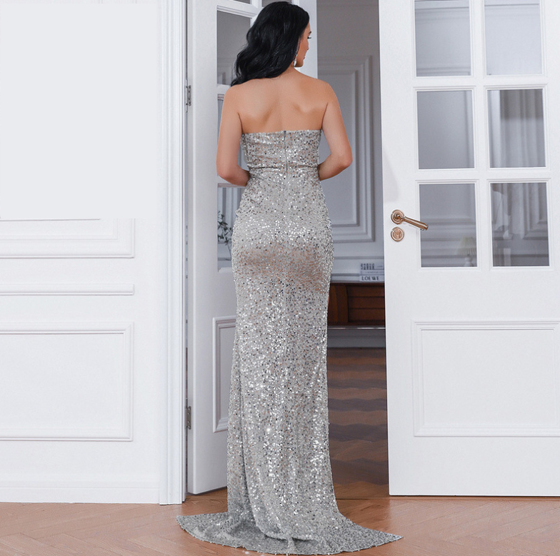 V-Neck Small Tail Sequined Banquet Ball Party Evening Dress