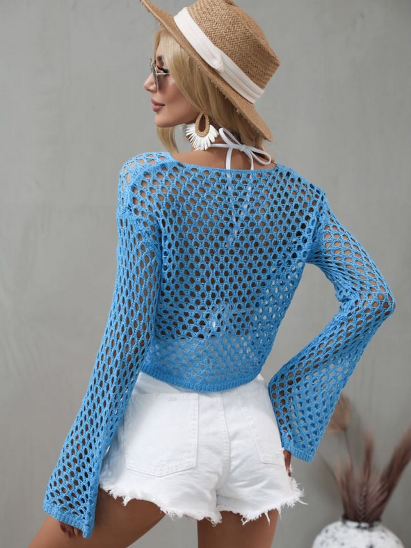 Crochet Knitwear Bell Sleeve Loose Round Neck Hollow Out Cutout out Cover Up