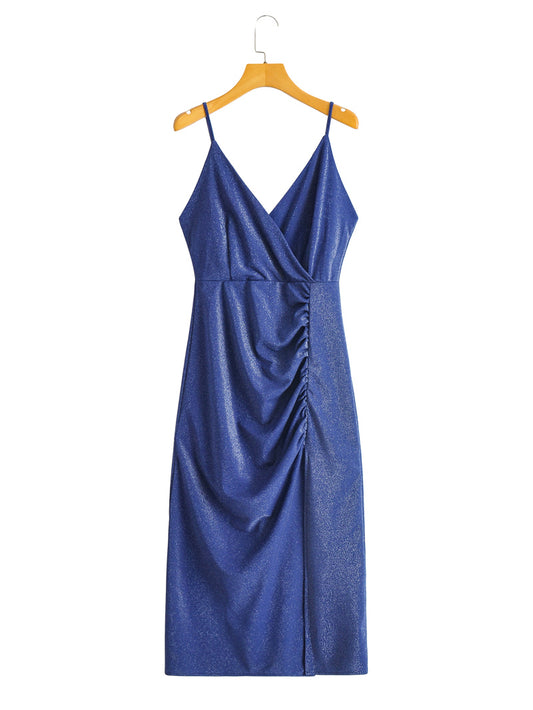Elegant Deep V-Neck Fold Split Solid Color Maxi Dress