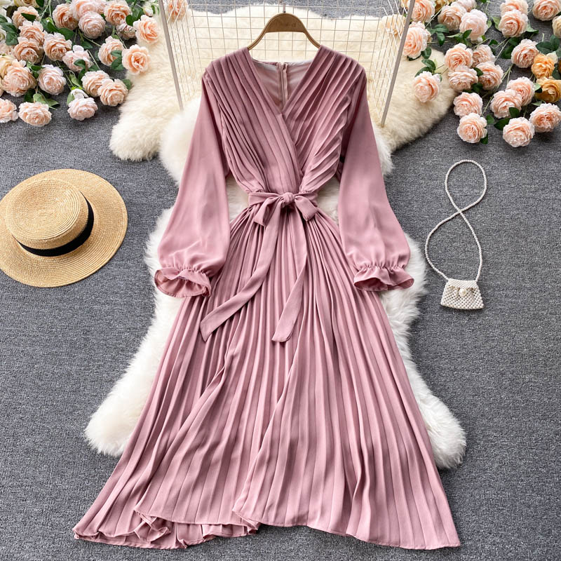 Long Sleeves V-neck Bow Lace-up Cinched Waist over-the-Knee Maxi Dress