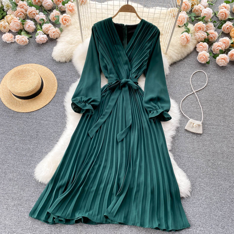 Long Sleeves V-neck Bow Lace-up Cinched Waist over-the-Knee Maxi Dress