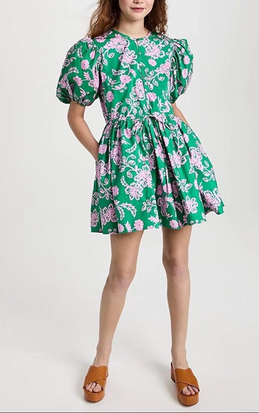 Slimming Sleeves round Neck Printed A-line Dress