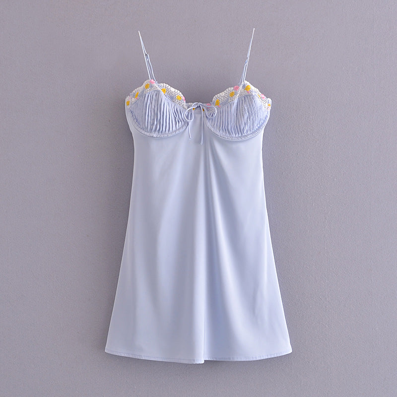 Summer Baby Blue Floral Embroidered Draped Satin Sexy Backless Spaghetti Straps Dress