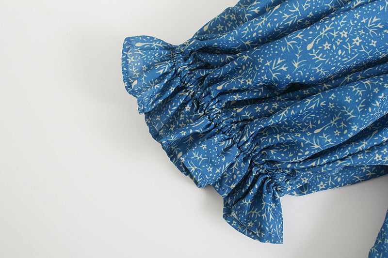 Spring Elegant V-neck Puff Sleeve Blue Printing A-line Dress