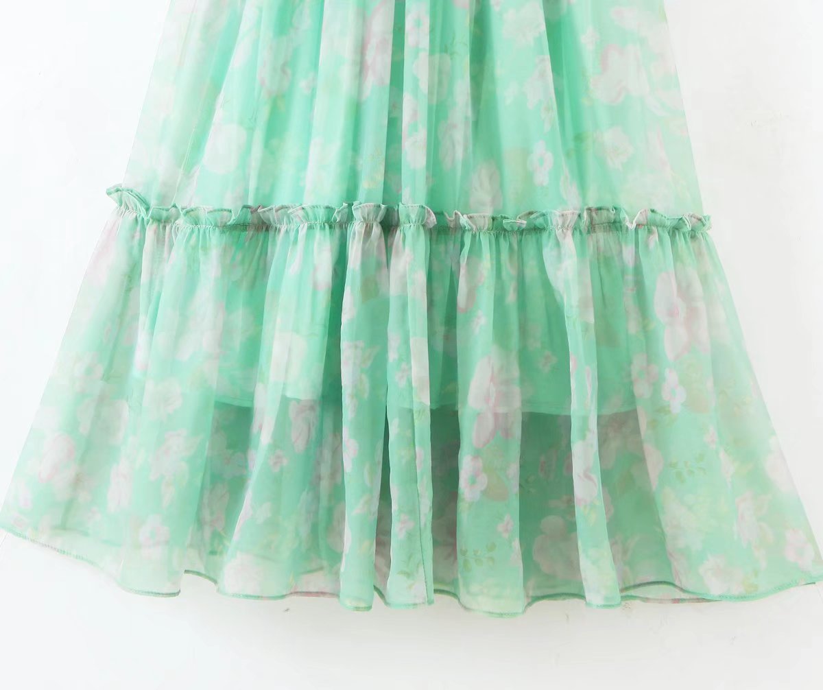 Organza Floral Print Puff Sleeve Tight Waist Princess Dress