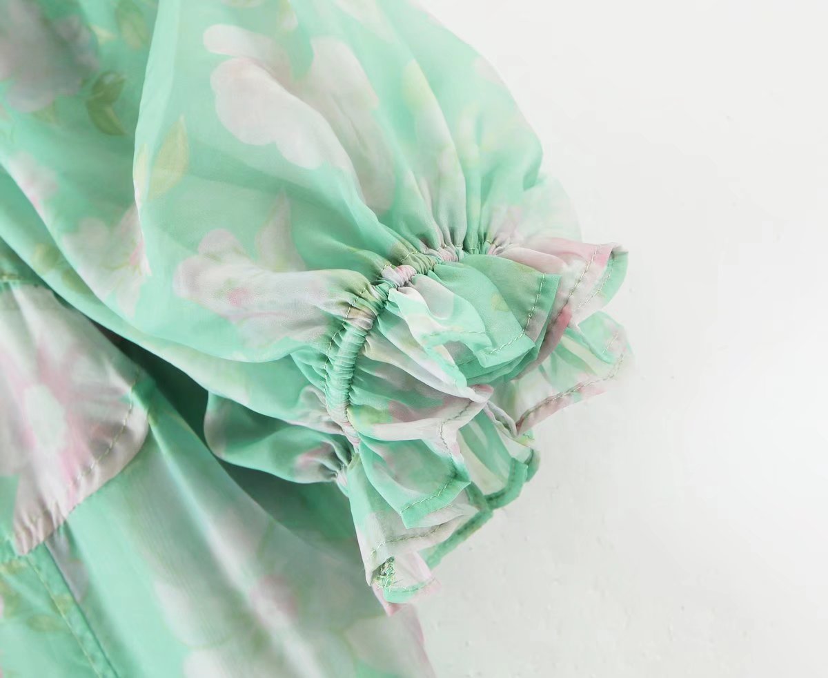 Organza Floral Print Puff Sleeve Tight Waist Princess Dress