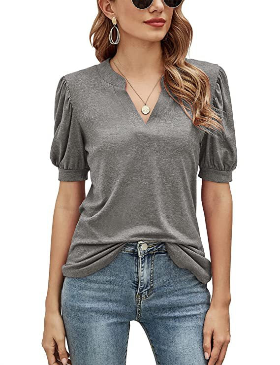 Casual V-neck Solid Color Puff Sleeve Loose T-shirt