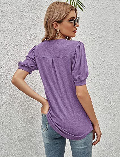 Casual V-neck Solid Color Puff Sleeve Loose T-shirt