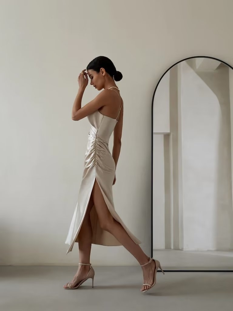 High Waist Backless Mid-Length Strap Satin Dress