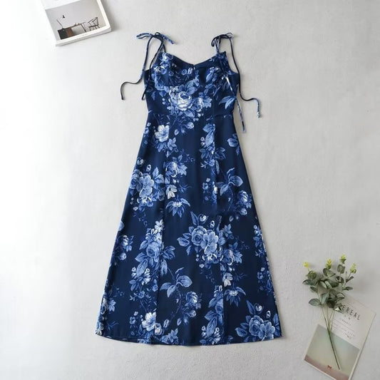 Summer Floral Print Slit Strap Dress