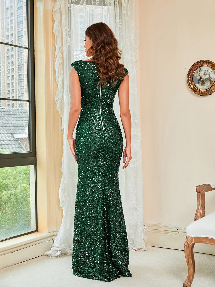 Cekinowa elegancka zielona suknia wieczorowa z szelkami i średnim stanem
