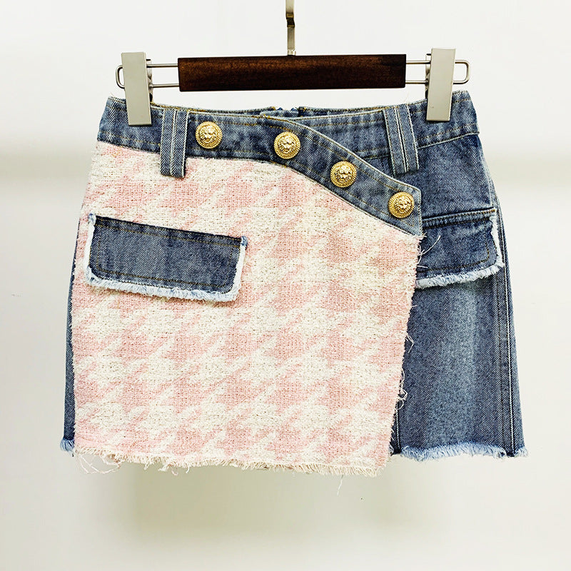 Denim Stitching Loose Fringe Varsity Skirt Set