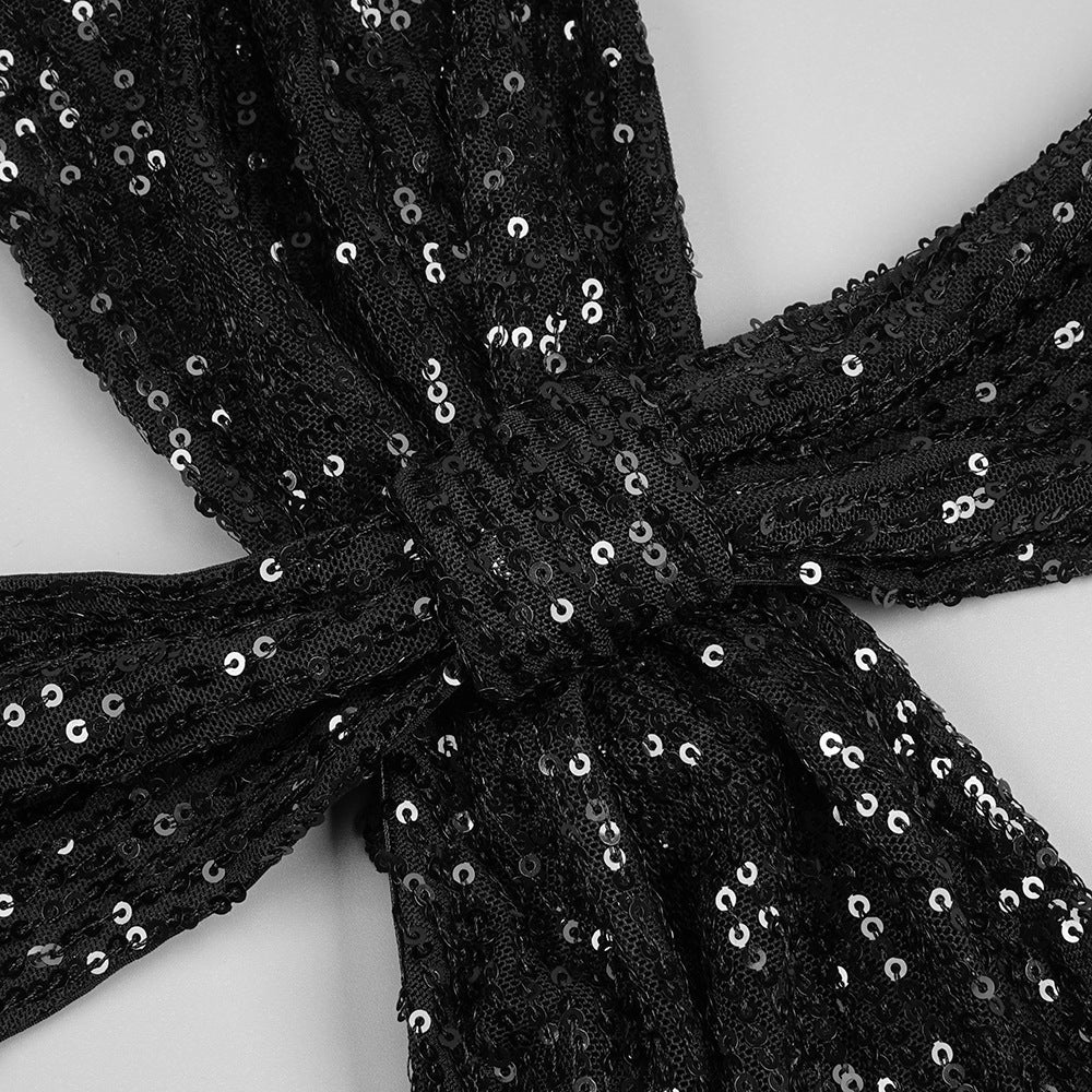 Summer Black Sequin Turtleneck Halter Cross Hollow Out Cutout Sleeveless Dress