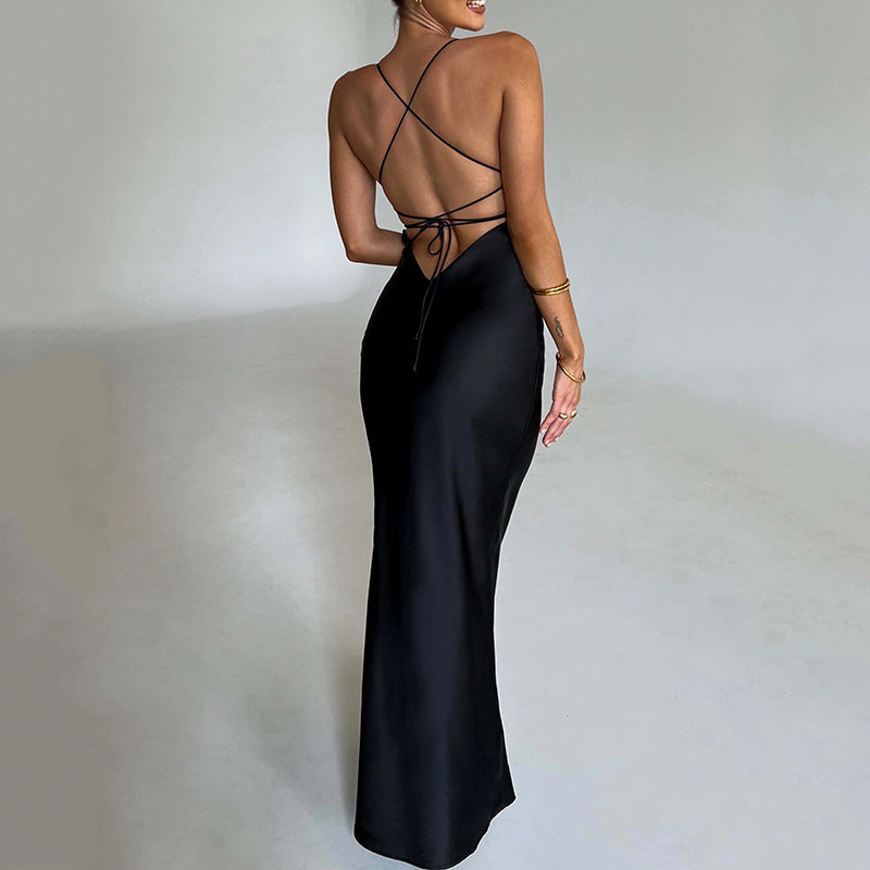 Sexy Strap Satin Backless Lace up Waist Controlled Maxi Dress