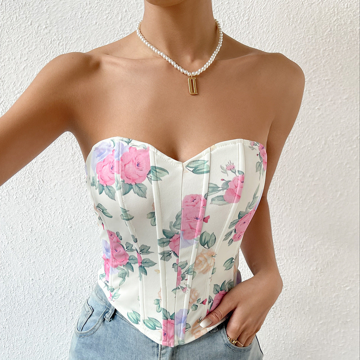 Sexy Low Cut Backless Floral Wrapped Chest Rhombus Boning Corset