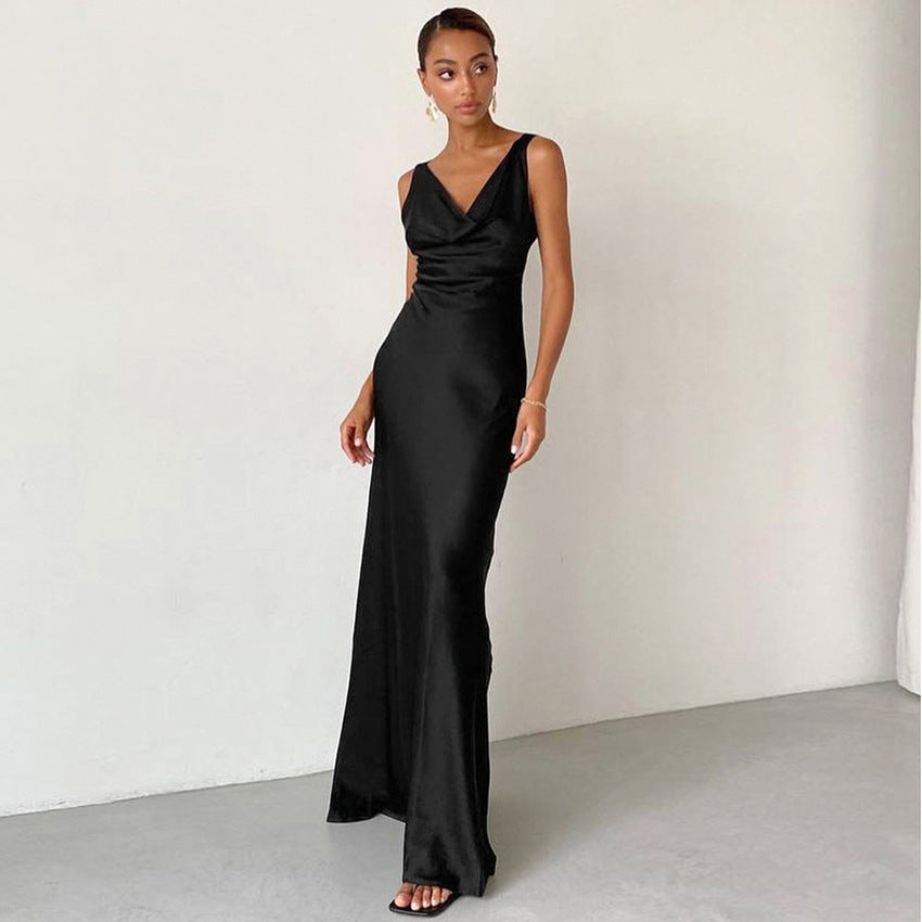 Artificial Silk Swing Collar Black Dress