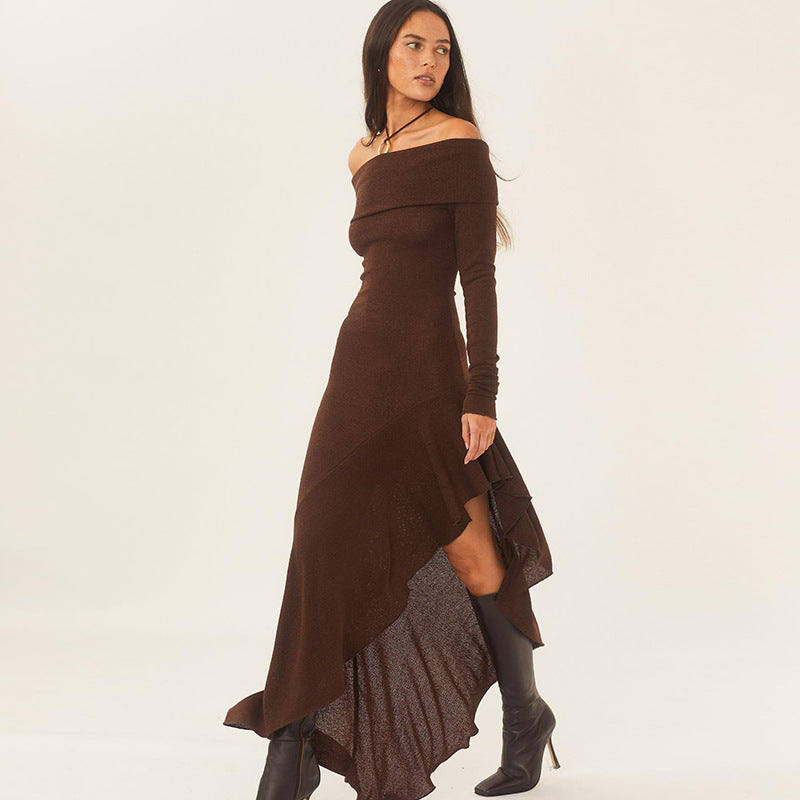 Elegant off Shoulder Long Sleeve Close-Fitting Ruffled Maxi Dress