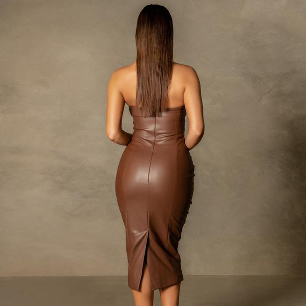 Solid Color Faux Leather Elegant Slim-Fit Tube Top Back Slit Sexy Midi Dress