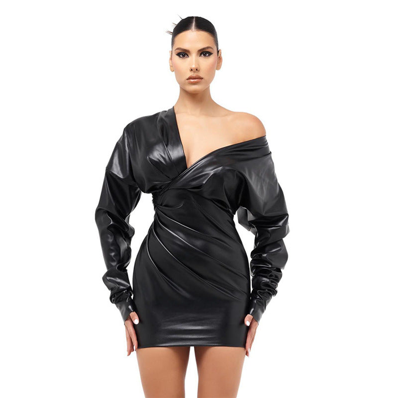 Fashionable Elegant Faux Leather Deep V Plunge Plunge neck Sexy Slim Hip Dress
