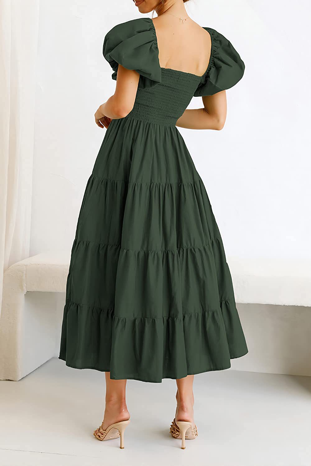 Square Collar Backless Puff Sleeve Pleated Short Sleeves Dress