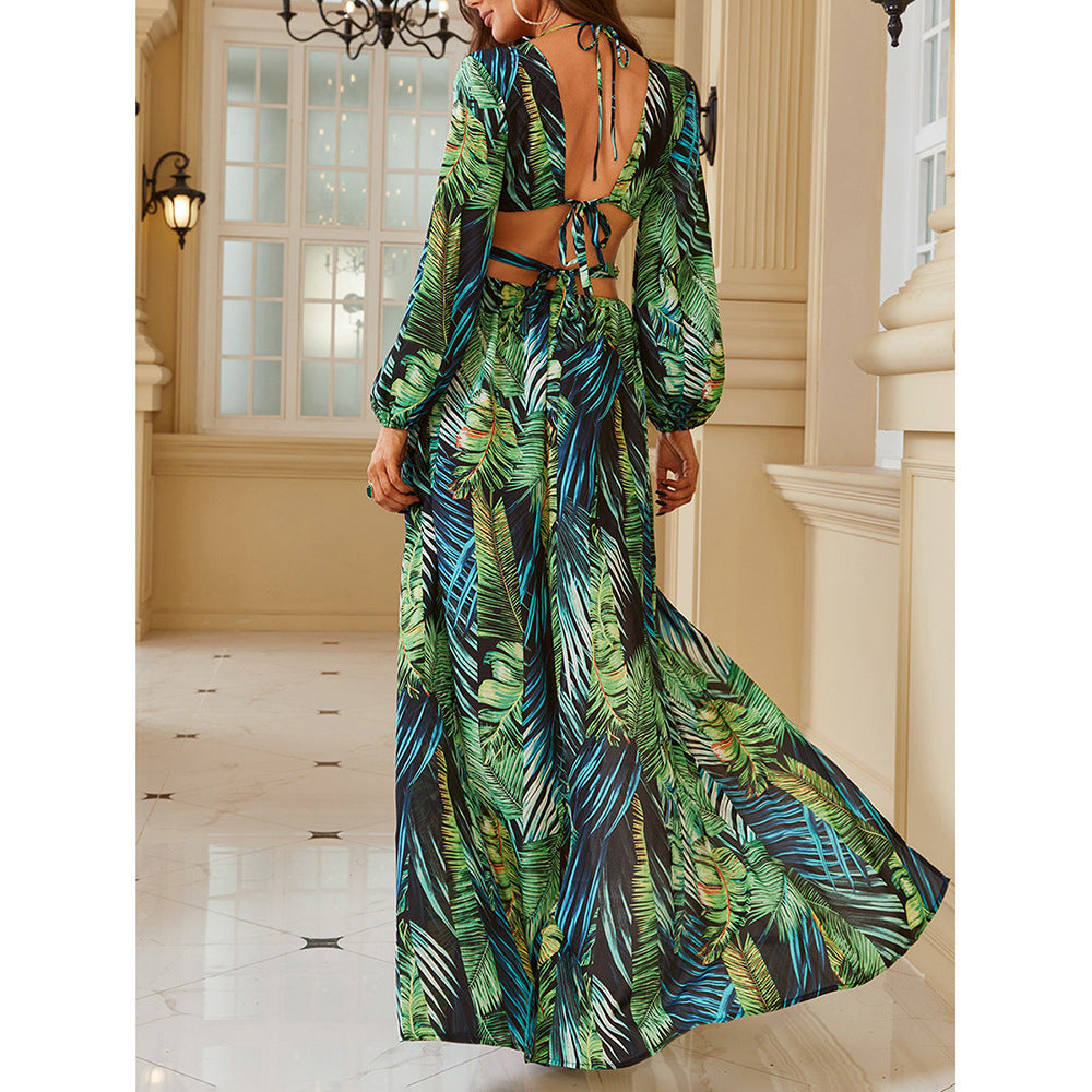 Sexy V Neck Hollow Out Cutout Out Slit Green Printing Dress