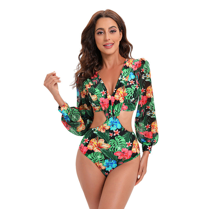 High Waist Tied V neck Floral Print Swimsuit