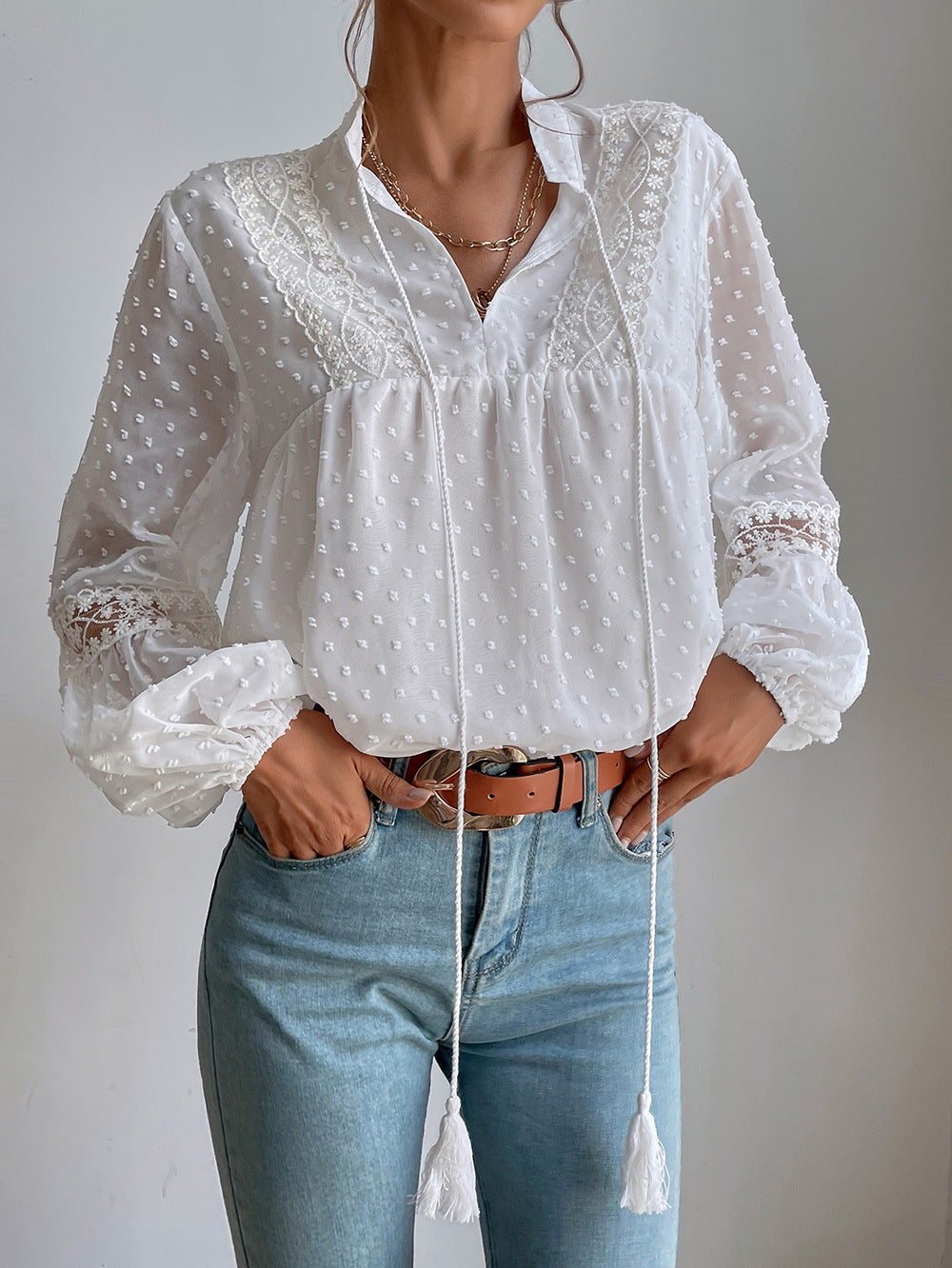 Polka Dot Chiffon Lace Stitching Loose Shirt