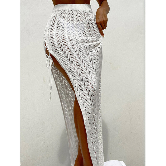 Sexy Cutout Side Strap Knitted High Slit Beach Vacation Skirt