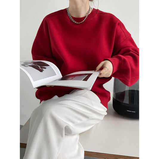 Wine Red Loose  Female Korean Loose Bf Long Sleeve Pullover Sweatshirt