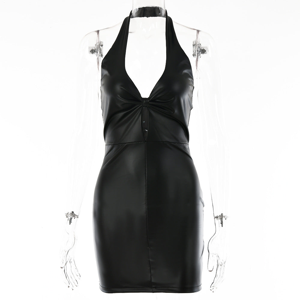 Faux Leather Street sexy Tight Sexy Backless Halter Dress