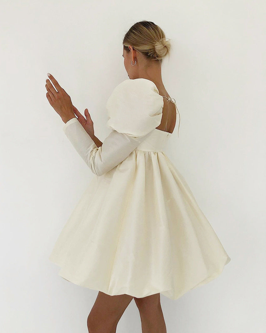 Long Ice Silk Solid Color Square Collar Court Puff Sleeve Dress