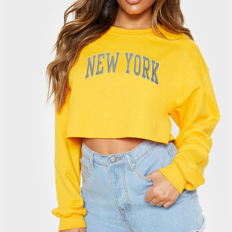 Kurzes, lockeres, langärmliges Sweatshirt mit New York-Buchstabengrafikdruck