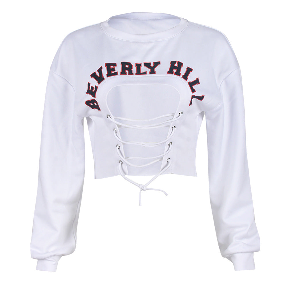 Autumn Winter cropped Cool Long Sleeve Lace up Letter Graphic  Sweatshirt
