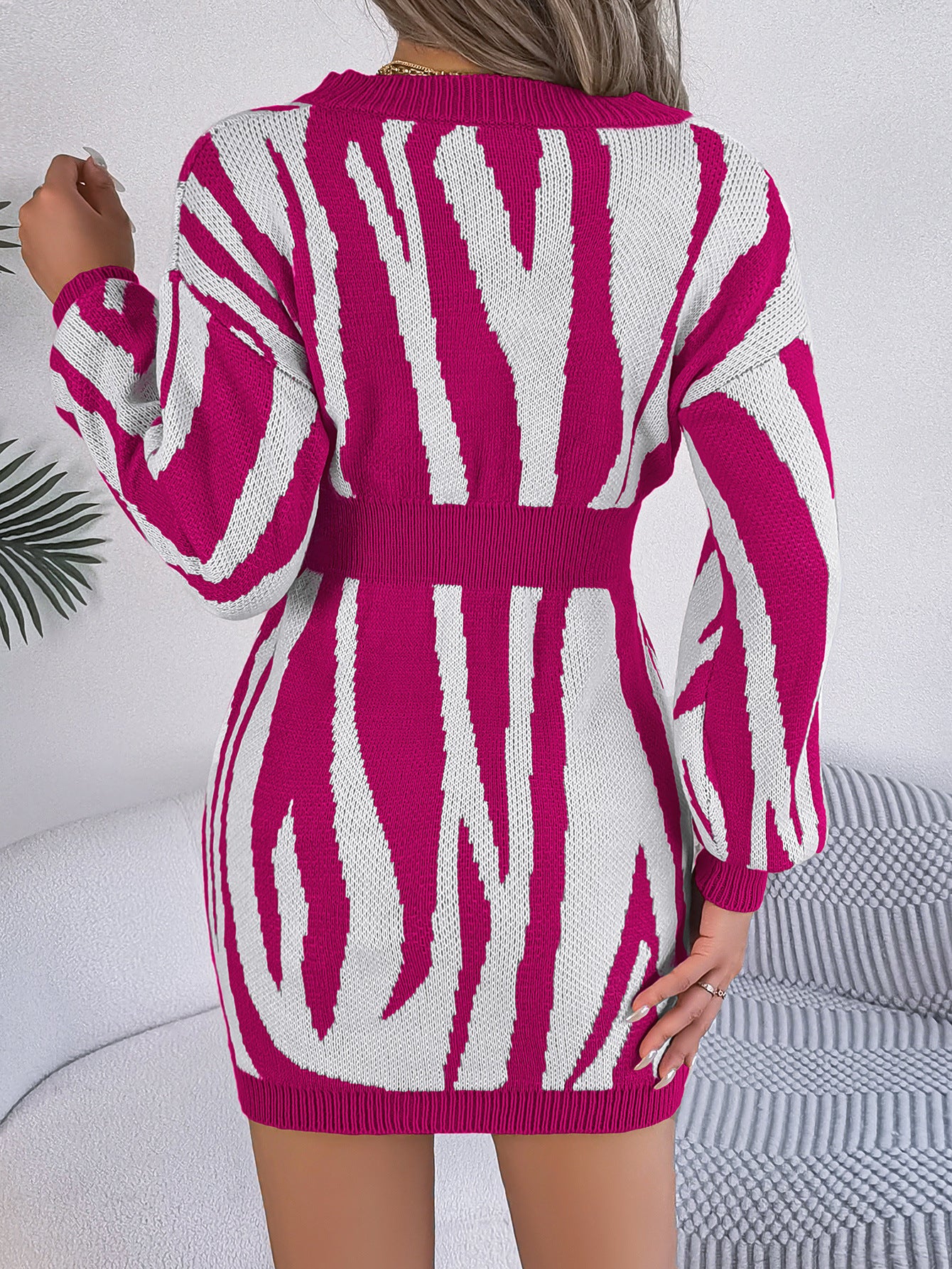 Street V Collar Contrast Color Zebra Pattern Long Sleeve Narrow Woolen Dress