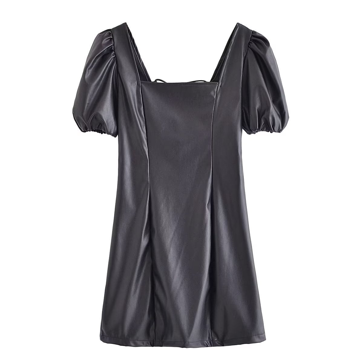 Square Collar Black Puff Sleeve Young Drawstring Strap Backless Faux Leather Dress