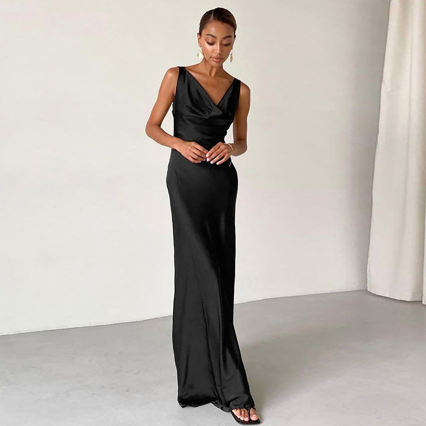 Artificial Silk Swing Collar Black Dress