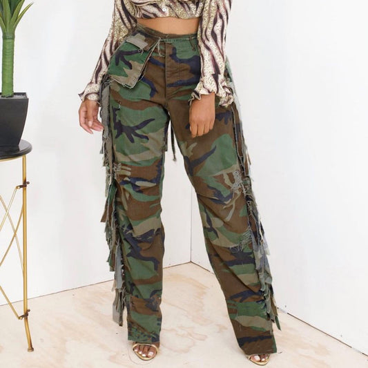 Camouflage Personality Tassel Pocket Casual Pants