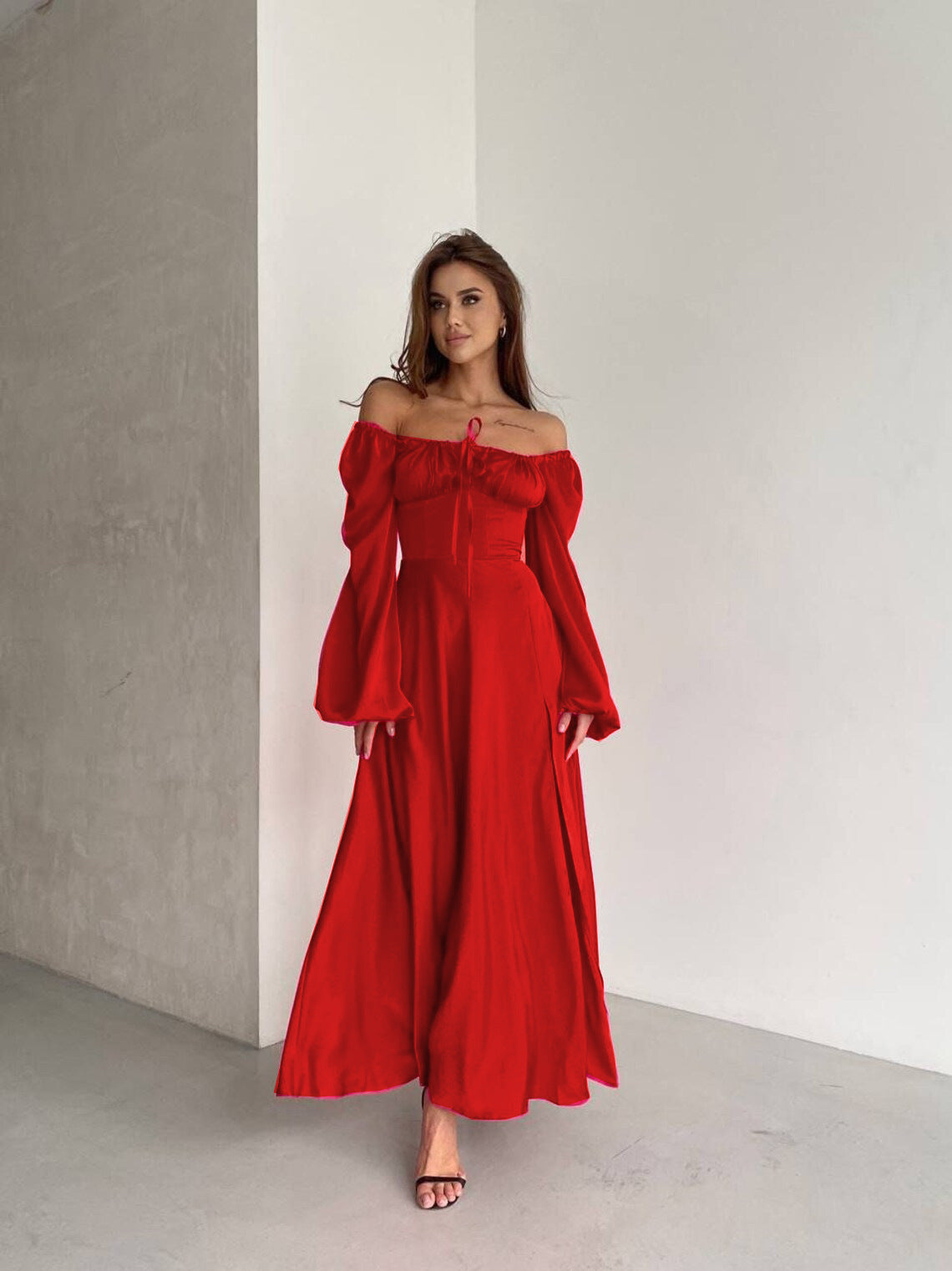 Sexy Long Sleeved Satin off Shoulder Lace up Dress